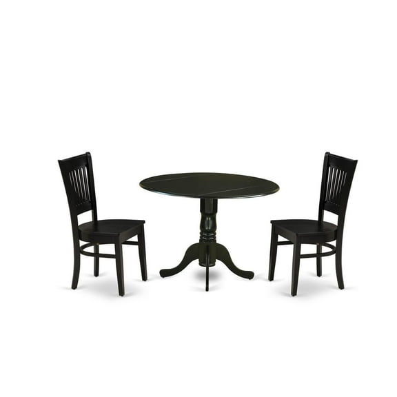 East West Furniture - DLVA3-BLK-W - 3-Piece Kitchen Table Set- 2 Mid Century Chair with Wooden Seat and Slatted Chair Back - Drop Leaves Breakfast Table - Black Finish