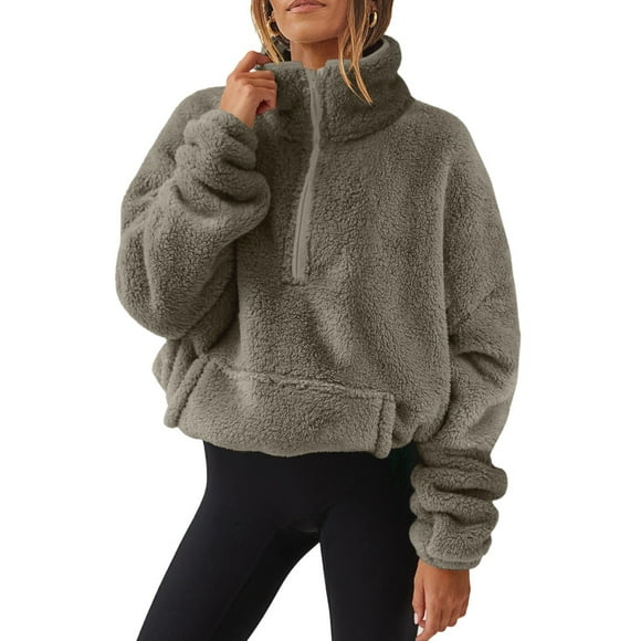 AherBiu Sherpa Sweatshirts for Women Half Zip up Lapel V Neck Fleece Plush Warm Pullover Winter Tops