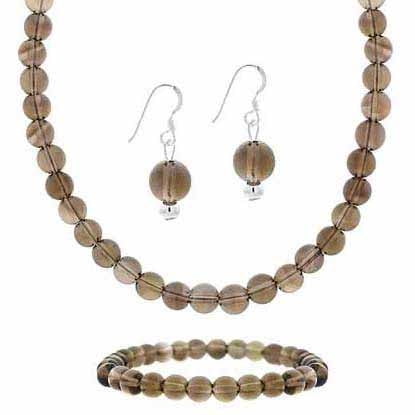 Smokey Quartz Set Sterling Silver Smokey Quartz Bead Dangle Earrings, Stretch Bracelet & Necklace Jewelry Set ()