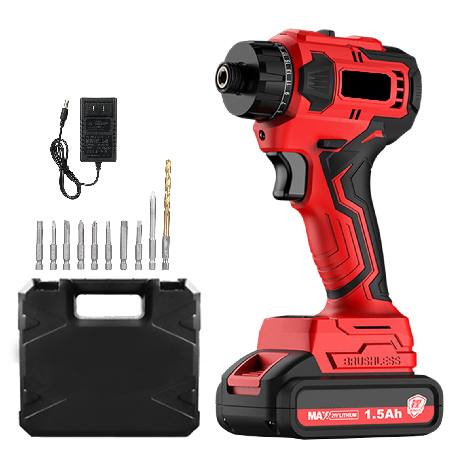 Mistaha 21V Cordless Lithium Electric Screwdriver Kit with 10 Drill Bits, 2 Speeds, Brushless Motor, Torque Adjustment - Red & Black