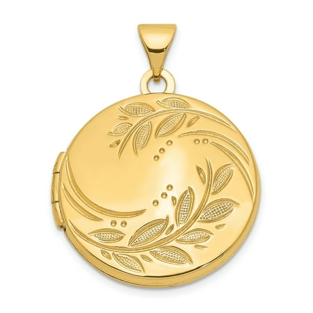 14k Yellow Gold 20mm Round Leaf Floral Photo Pendant Charm Locket Chain Necklace That Holds Pictures Shaped Gifts For Women For Her