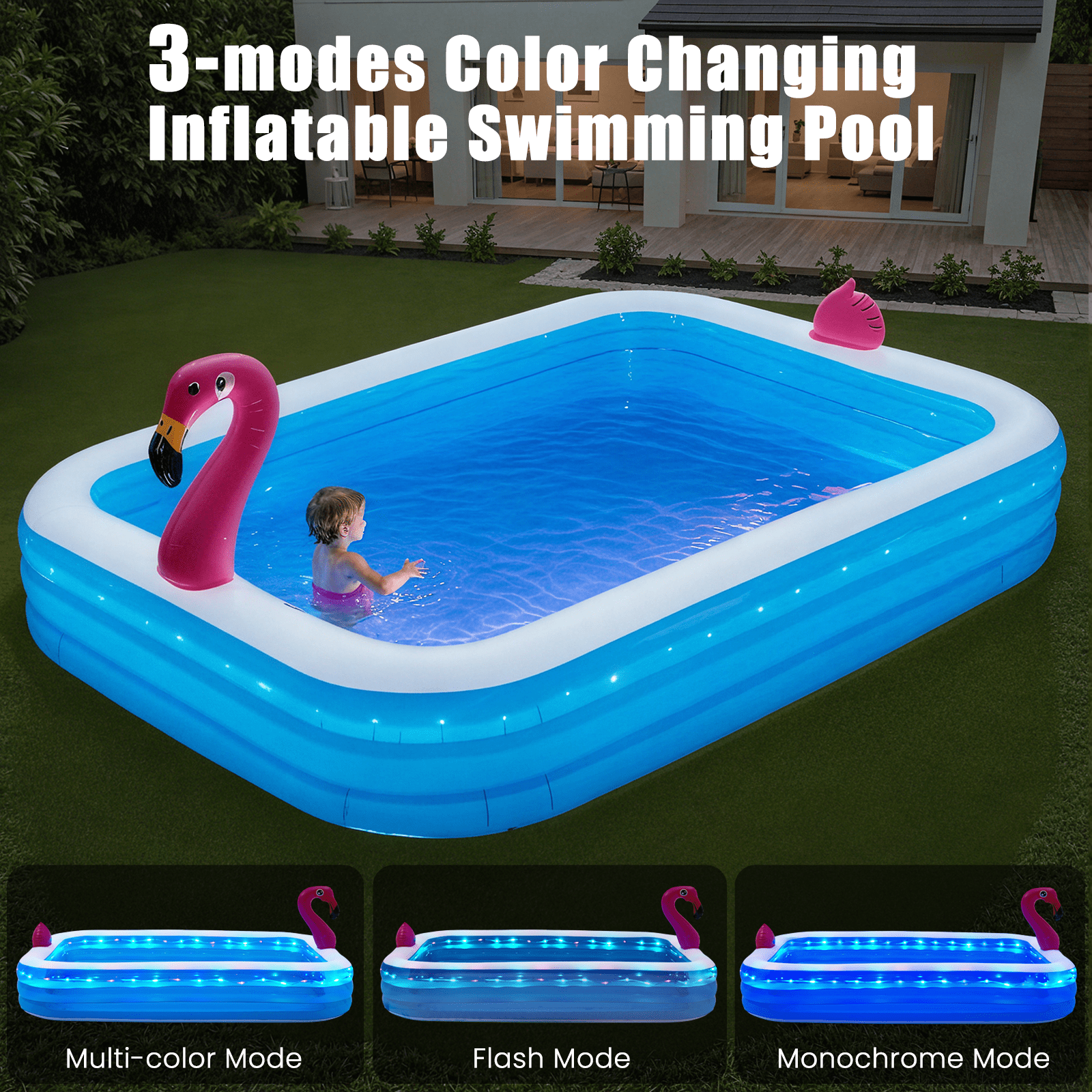 Danrelax 119" x 86" x 21" Inflatable LED Pool with 3 Modes, Electric Pump, Family Blow-Up Swimming Pool for Backyard, Adults and Kids