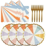 72 Pieces Blue Paper Plates and Napkins Party Supplies, Gold Foil Edge Scalloped Stripe Paper Plates Napkins Disposable Tableware Set for Birthday Wedding Baby Baptism Decorations