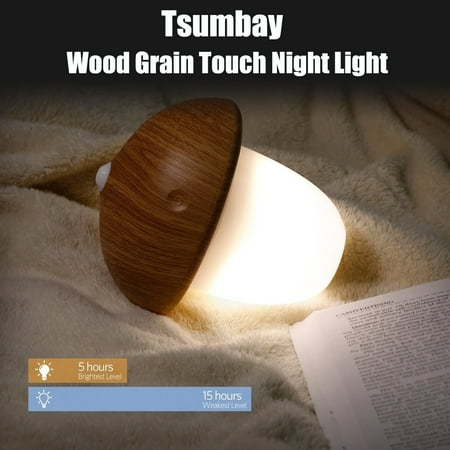 LED Gifts Night Light Touch Sensor Adjustable Beside Lamp,Tsumbay Wood Grain Mushroom USB Rechargable Light for Kids