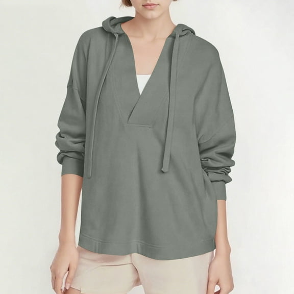 Fanxing Women's V Neck Hoodies Y2k Long Sleeve Drawstring Pullover Casual Solid Color Sweatshirt Fall Fashion Loose Soft Tops Gray M