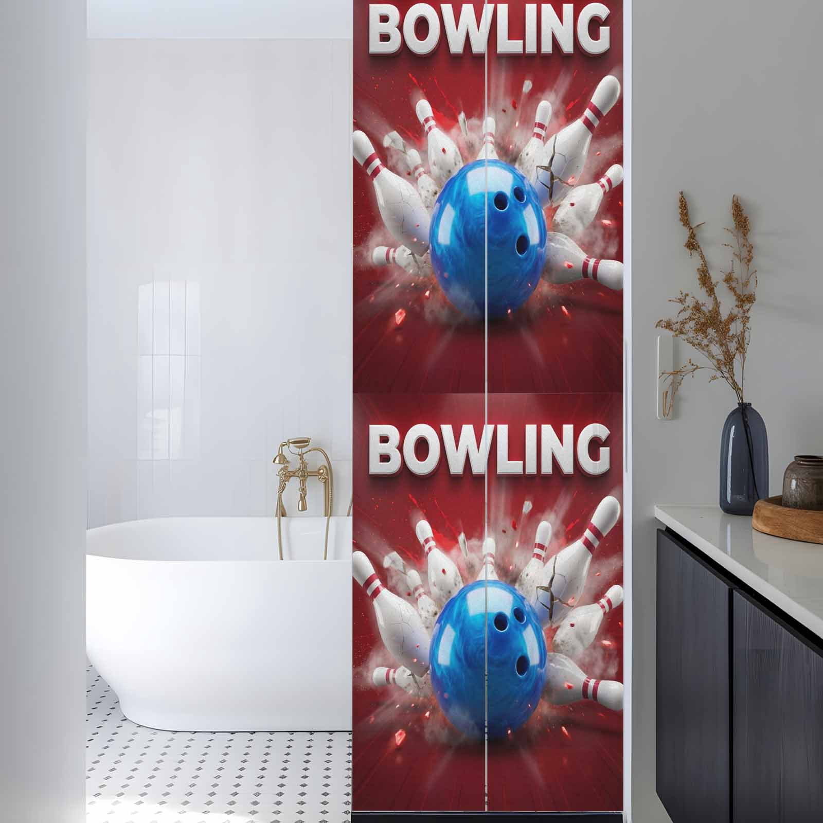 Bowling Window Privacy Film, Vintage Bowling Bottles Ball Red Background Frosted Glass Window Clings Static Cling UV Heat Blocking Reusable Door Sticker for Bathroom 29.5 x 118 Inch
