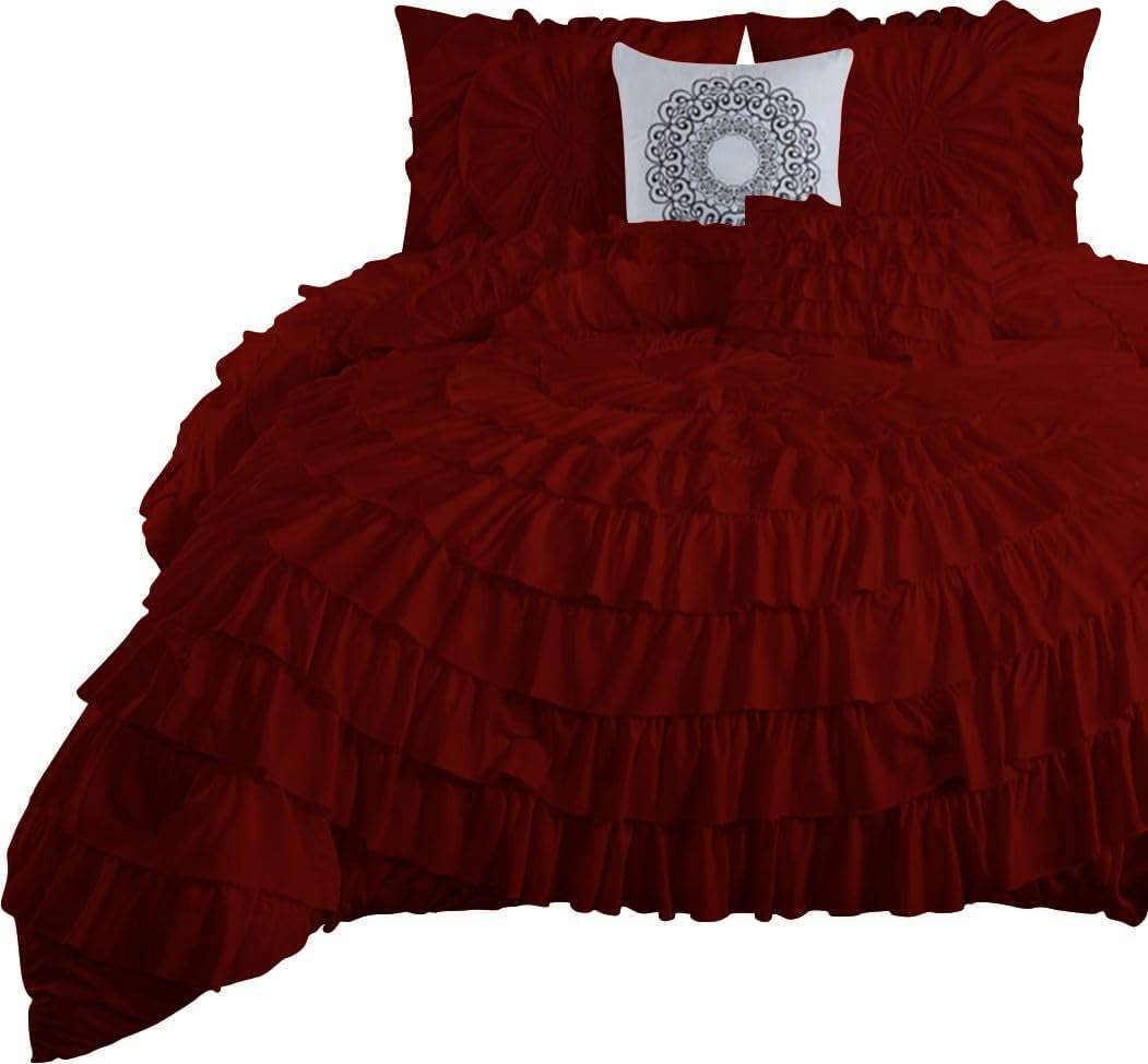 D.N.G. BEDDINGS 100% Egyptian Cotton 3 Piece Circle Ruffle Comforter Set with 1 Freebie Ruffle Pillow | 550 GSM Filled Microfiber - King/Cal-King Size, Burgundy Color - 800 Thread Count