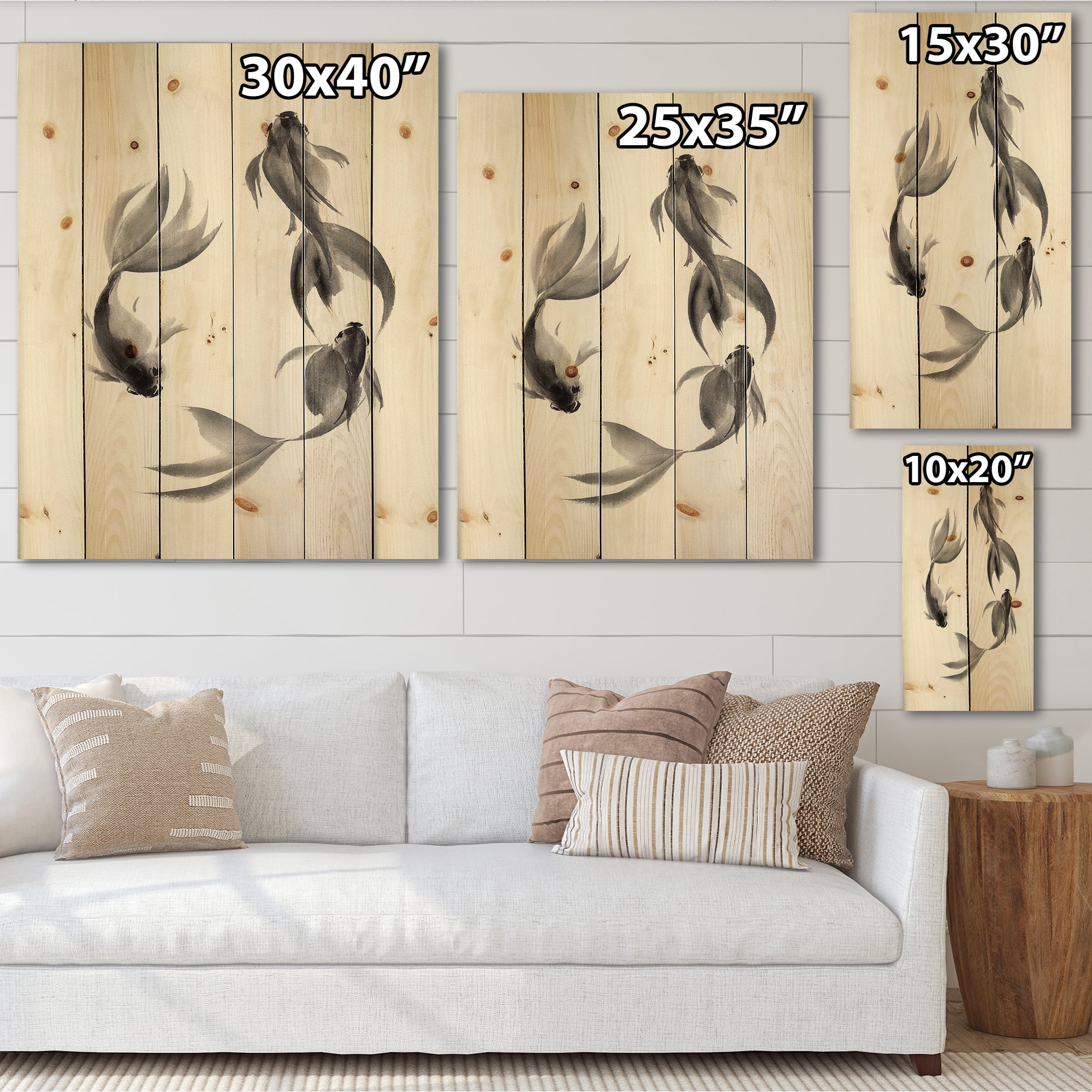 Designart 'Black and White Vintage Fish III' Nautical & Coastal Print on Natural Pine Wood