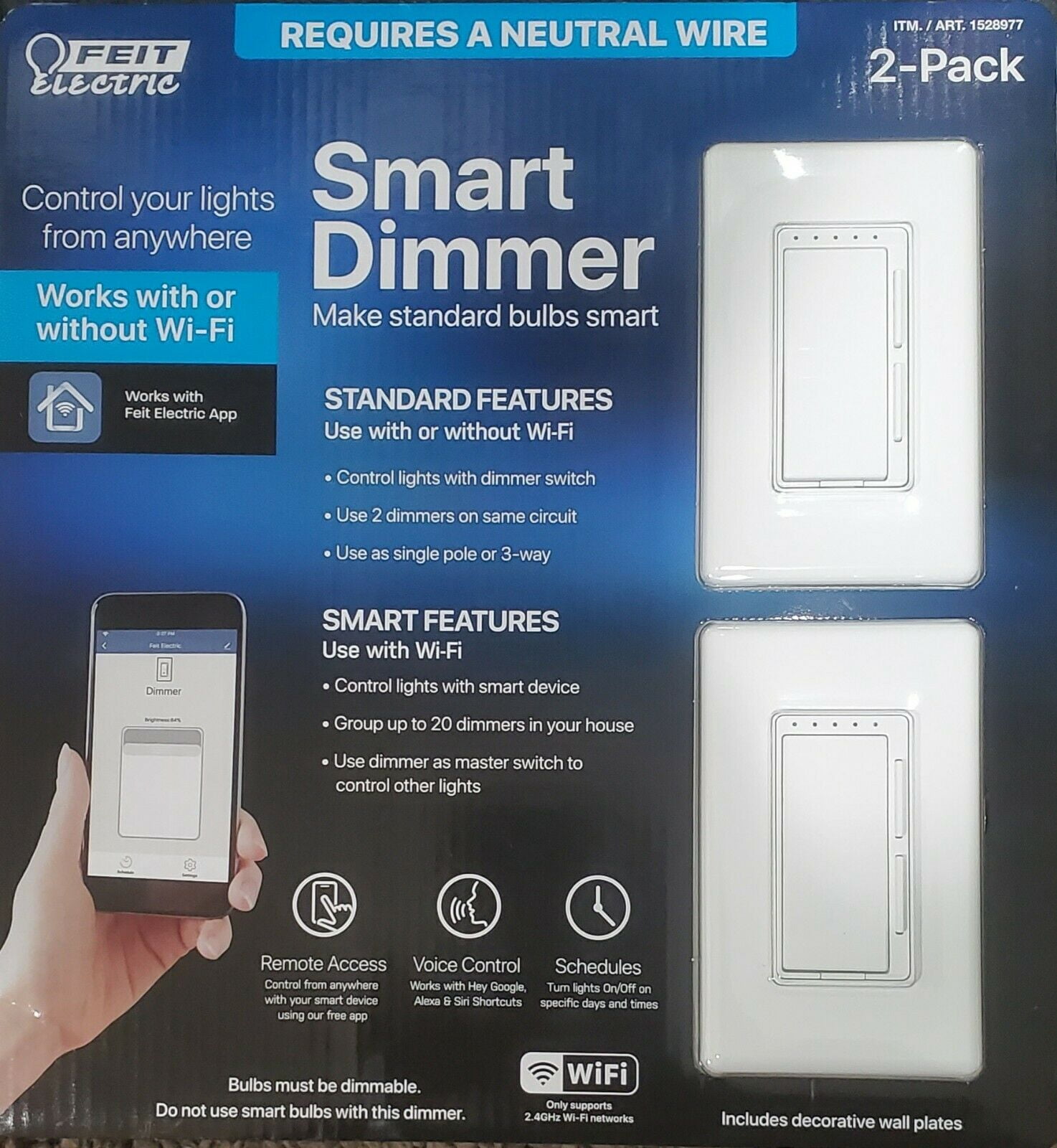 Feit Electric Wi-Fi Smart Dimmer, 2-pack Alexa Siri & Google