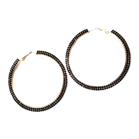 Large Crystal Double Paved Black Rhinestone Hoop Earrings Gold Tone 3 inch