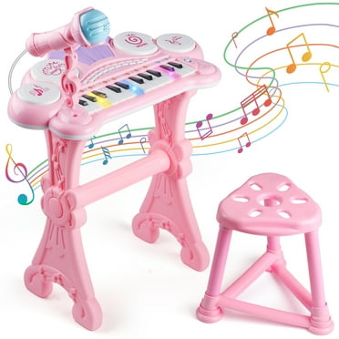 Beefunni Kids Electronic Piano Keyboard, 24-Key Kids Piano Music Toy, Birthday Gift for 3 4 5 6 Year Old Toddler Girls, with Microphone, Stool - Pink