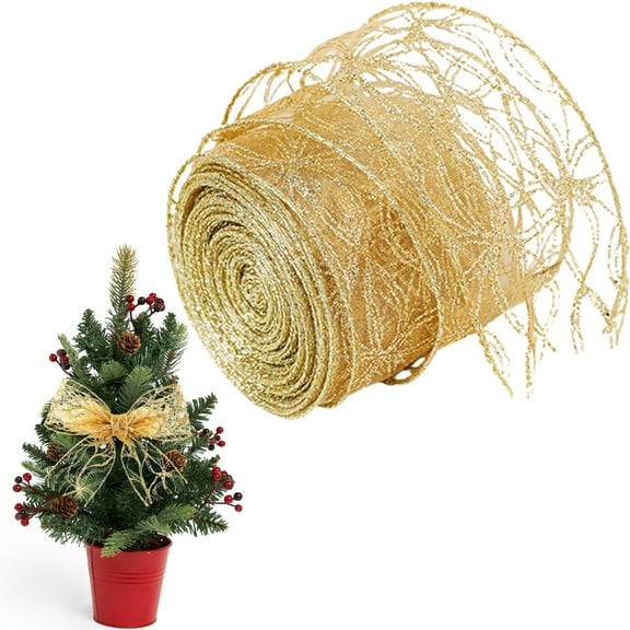 PPKVUFD 1 Roll Gold Christmas Tree Ribbon - Glitter Wired Ribbons for Tree, Crafts, Gift Wrapping, Wreaths, Garland, Home Decor - 2.5 Inch x 6.6FT