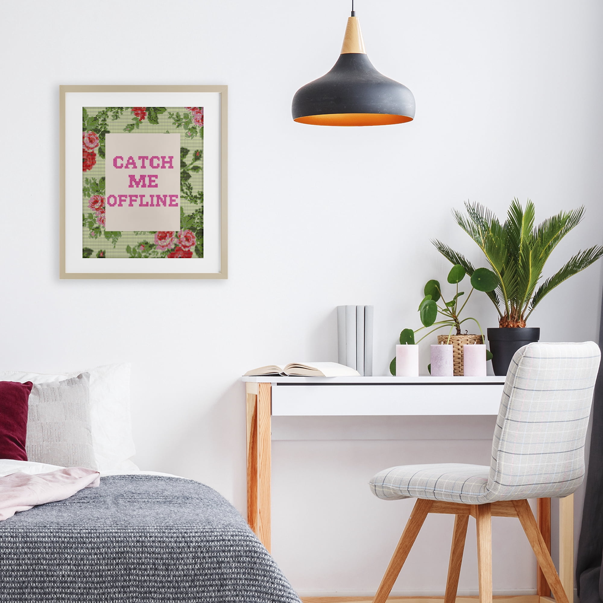 Stupell Industries Catch Me Offline Faux Cross Stitch Birch Framed Print Under Glass, design by Lil' Rue