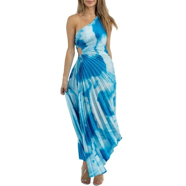 Faithtur Robe Longue pour Femmes, Robe d'Été Sans Manches à une Épaule Plissée Imprimé Teinture sur Nœuds Robe de Vacances