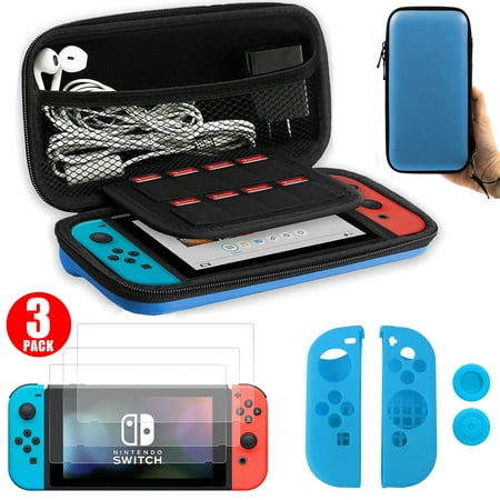 3in1 Protector Kit for Nintendo Switch, Carrying Travel Case Game Card Storage Bag, Joy Con Silicone Cover, 3 Pack Screen Protectors for Nintendo