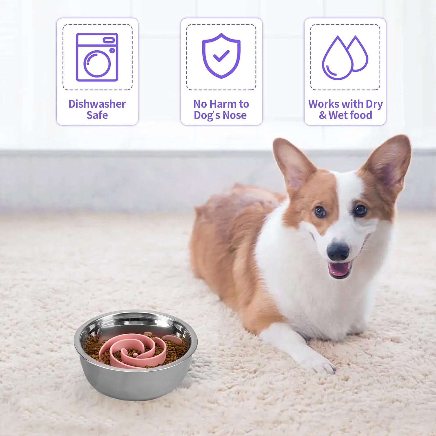 Slow Feeder Dog Bowls Insert,  Soft Silicone Slow Eating Feeder Insert with Suction Cups for Small, Medium and Large Dogs, Fit into Basic and Elevated Dog Bowls, Pink Pink,S