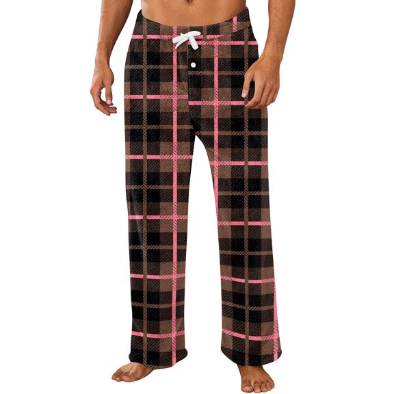 Fabrcox Mens Pajama Pants Fleece Plaid Baggy Men's Pajama Pants Drawstring Casual Comfy Fall Winter Warm Wide Leg Men’s Lounge Pants