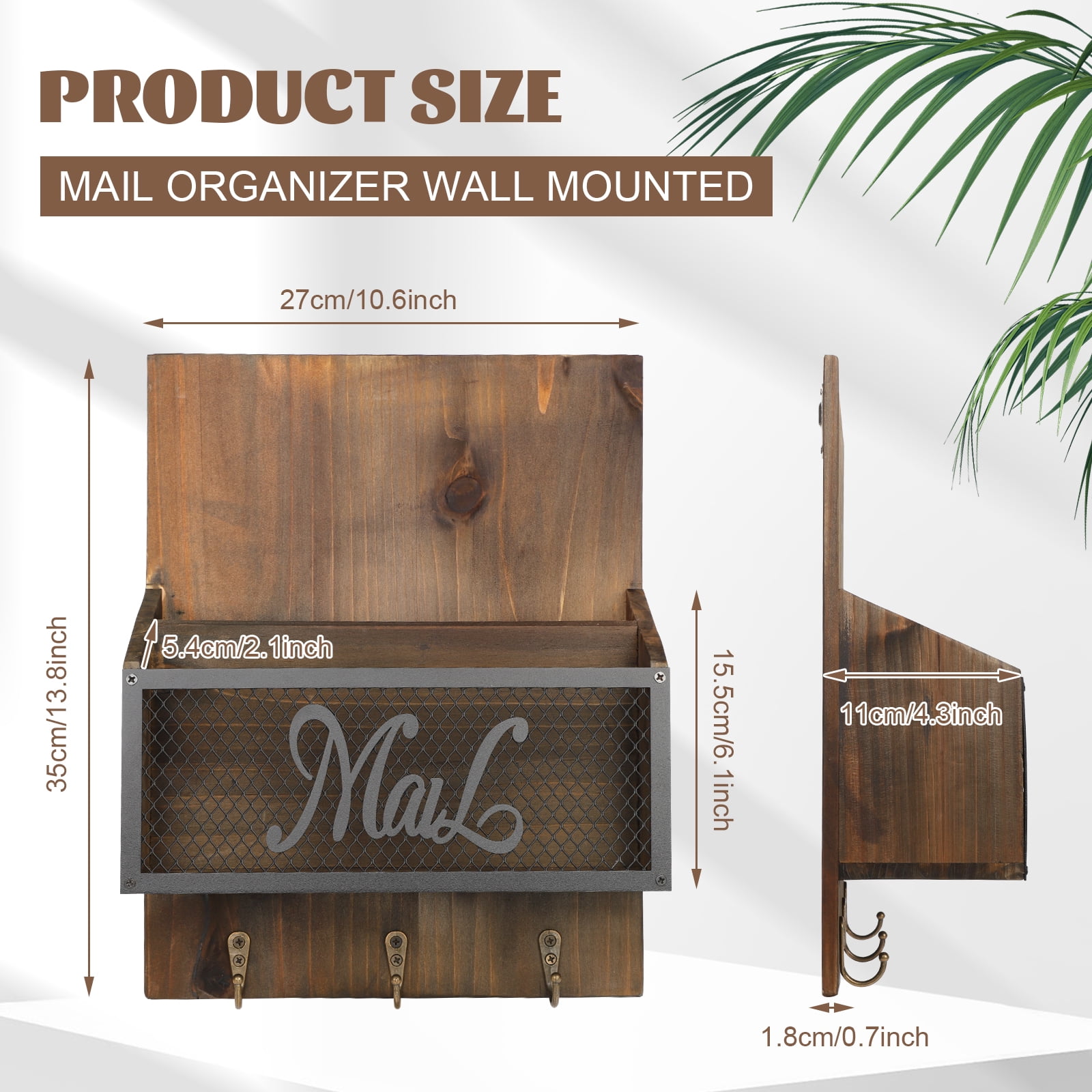 Dongyi Rustic Farmhouse Mail Organizer Wall Mounted - Wooden Mail Sorter with 3 Hooks for Letters, Keys & Magazines, Brown Entryway Decor with Newspaper Slot