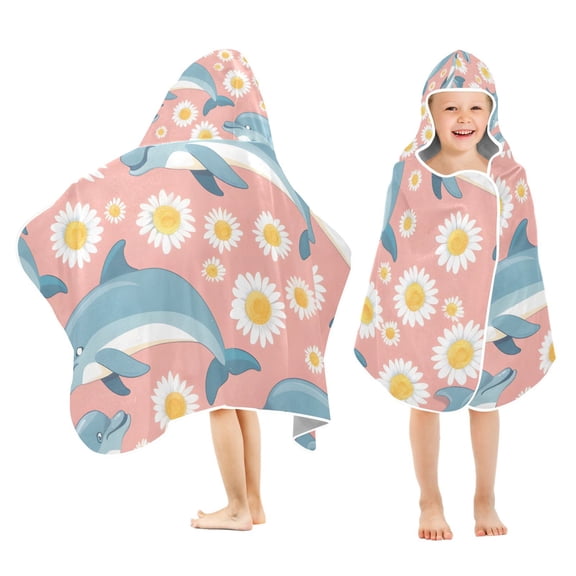 Dolphin and Daisy Flower Kids Hooded Beach Towel Baby Bath Poncho Towels with Hood Absorbent 50"x23.5" for Pool Swimming
