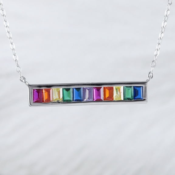 Unique Rainbow Stone Bar Necklace, Sterling Silver Multi-Color Bar Necklace, N9018 Valentine Birthday Mom Wife Gift