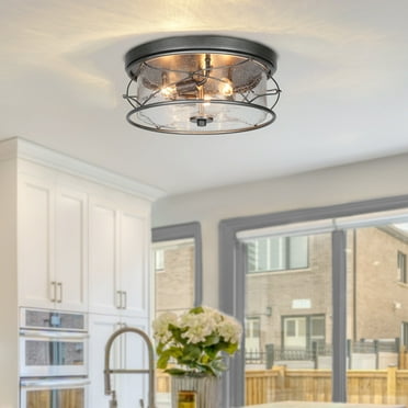Modern 3-Light Black Silver Drum Flush Mount Light Seeded Glass Ceiling Lights for Foyer - D 13.5" x H 6"