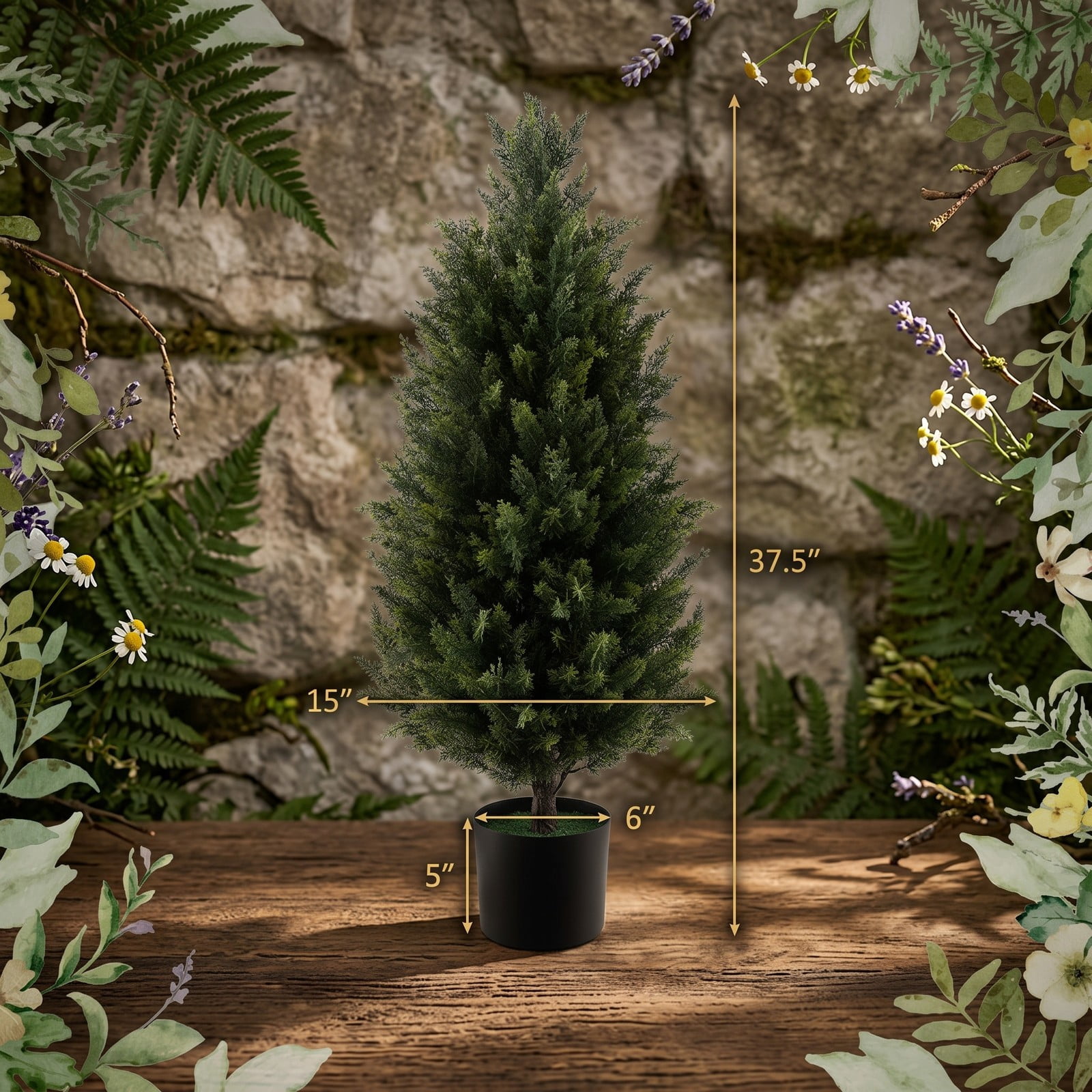 ALPULON 3 Feet Artificial Cedar Topiary Tree, Faux Cypress Plant with Cement-Filled Plastic Pot and Realistic Moss for Indoor Outdoor Home Office Entryway Decor, Green