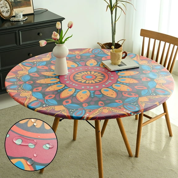 36"-44"Table Cover,Elastic Waterproof Plastic Round Tablecloth, Vinyl Table Cloth Protector for Round Tables for Indoor Outdoor Patio Use,Reusable,Bohemia