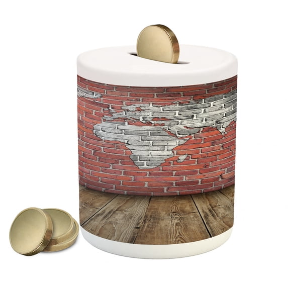 Wanderlust Piggy Bank, Vintage Grunge Map Room Style Brick Rustic Geographic Interior Travel, Ceramic Coin Bank Money Box for Cash Saving, 3.6" X 3.2", Cinnamon Pale Grey, by Ambesonne