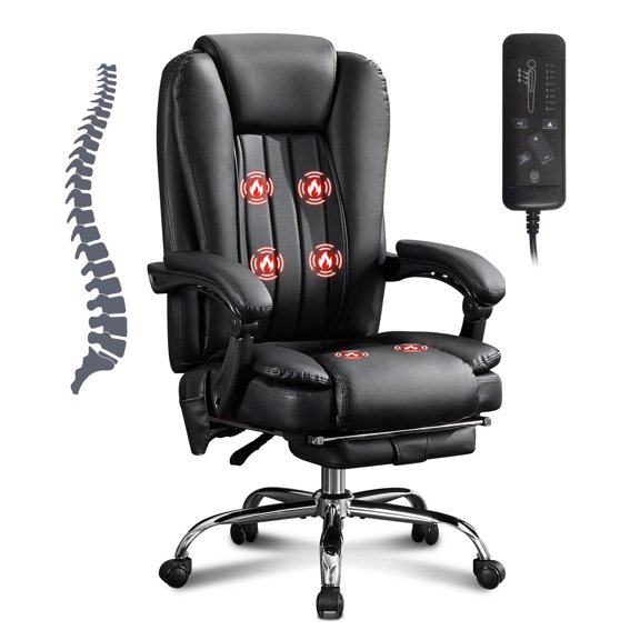 Massage Office Chair with Heat & Footrest, 6 Vibration Points Executive Chair - Black Leather Recliner with Wheels
