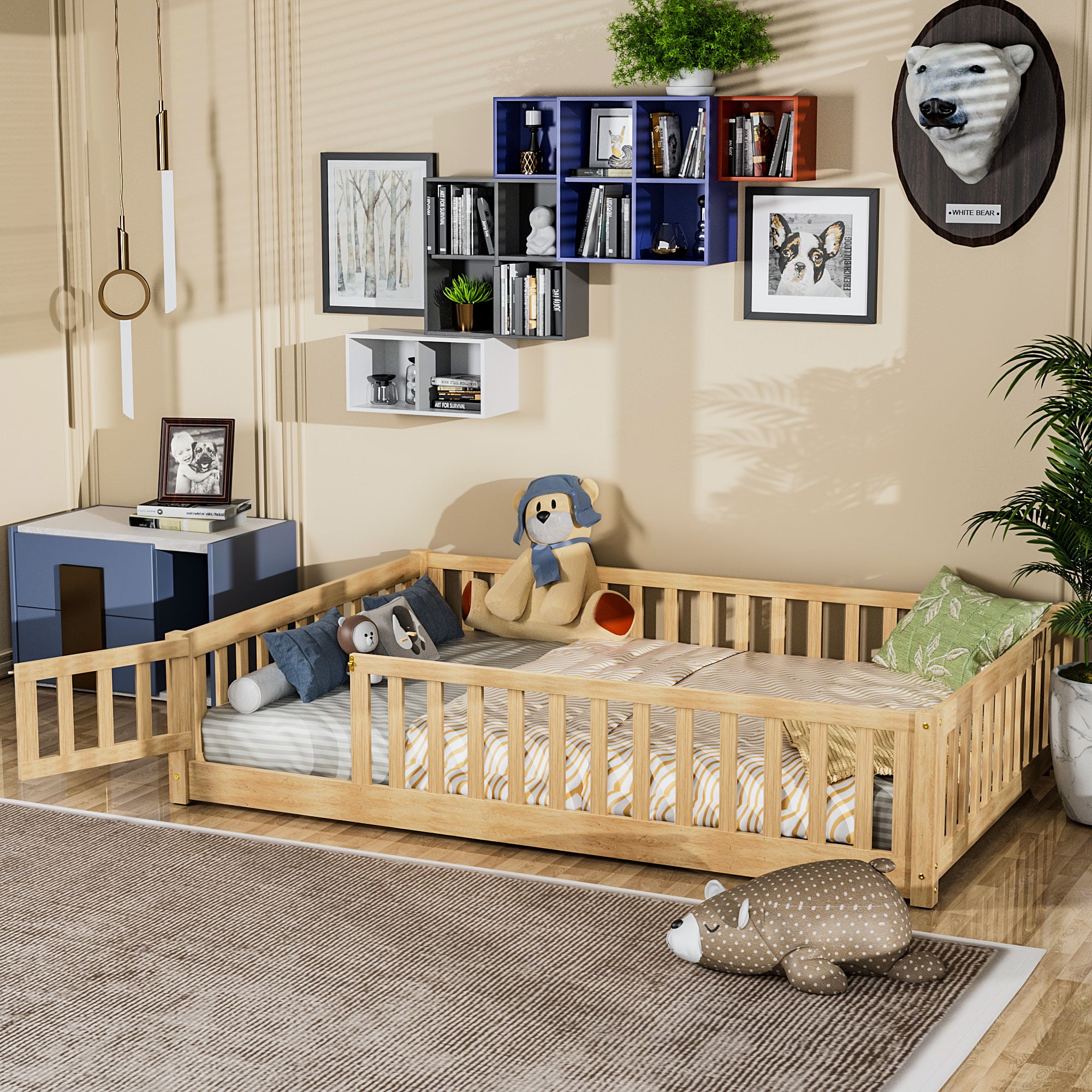 Miniyam Full Size Toddler Floor Bed with Fence, Natural