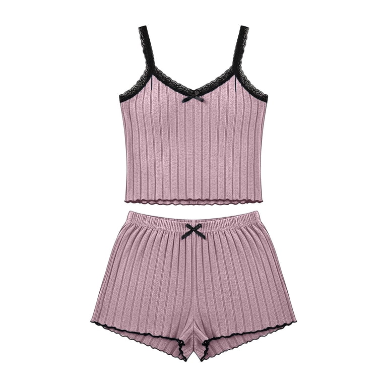 PRINxy Women's Ribbed Knit Pajama Set, Lace Trim Cami Top