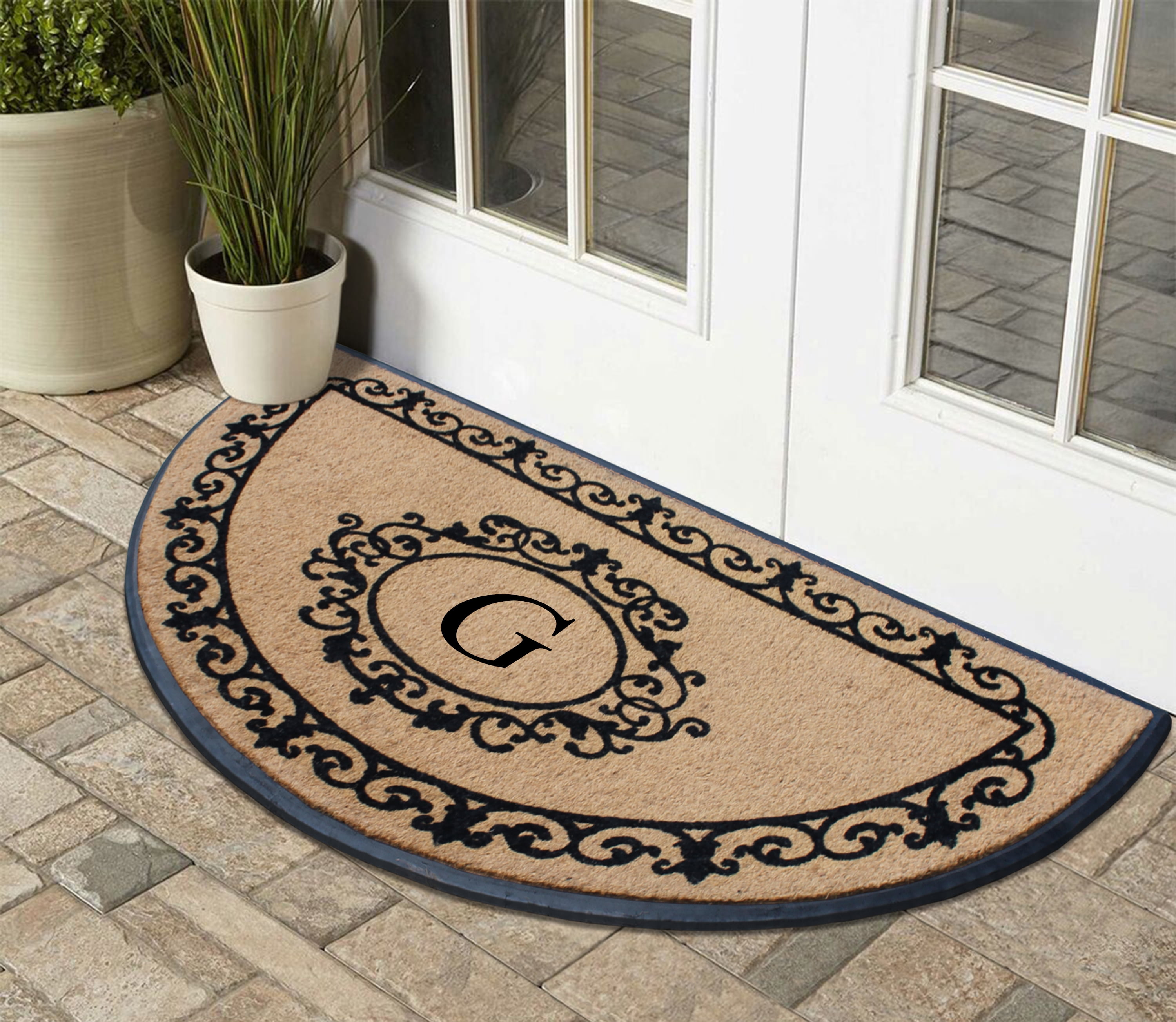 A1HC Heavy-Duty Semi-Circular Coir and Rubber Doormat, 36"x72" Hand-Flocked Monogrammed Front Porch Entrance Rug with Floral Design