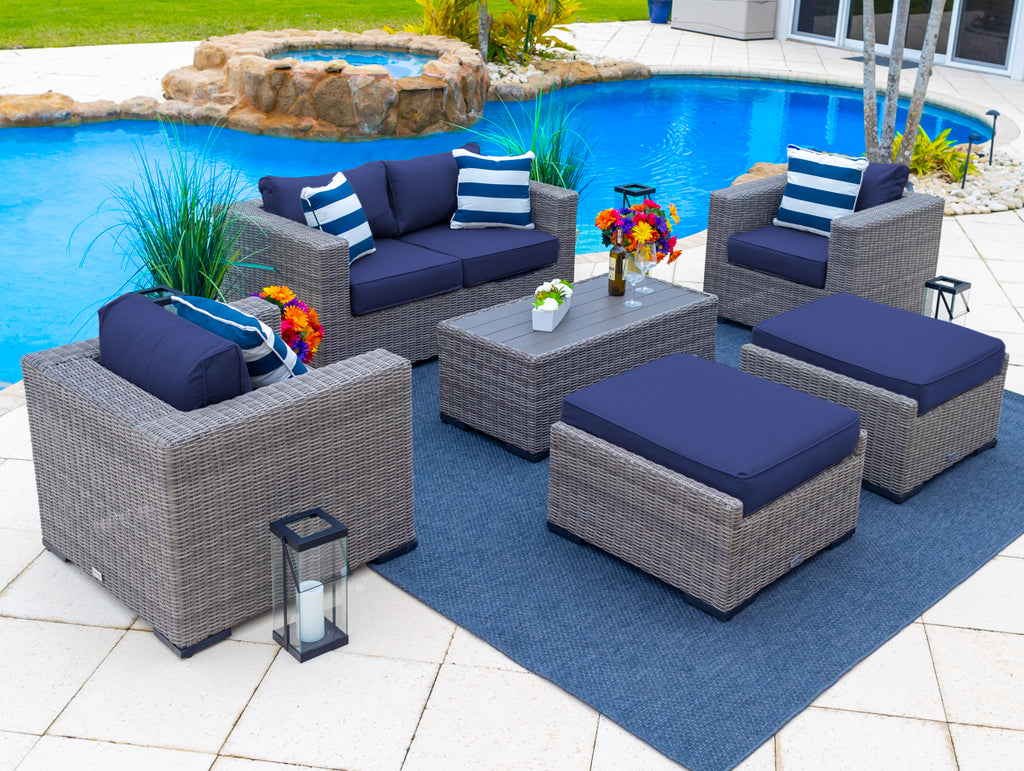 Tuscany 6-Piece M Resin Wicker Outdoor Patio Furniture Lounge Sofa Set with Loveseat, Two Armchairs, Two Ottomans, and Coffee Table (Half-Round Gray Wicker, Sunbrella Canvas Navy) - image 1 of 4