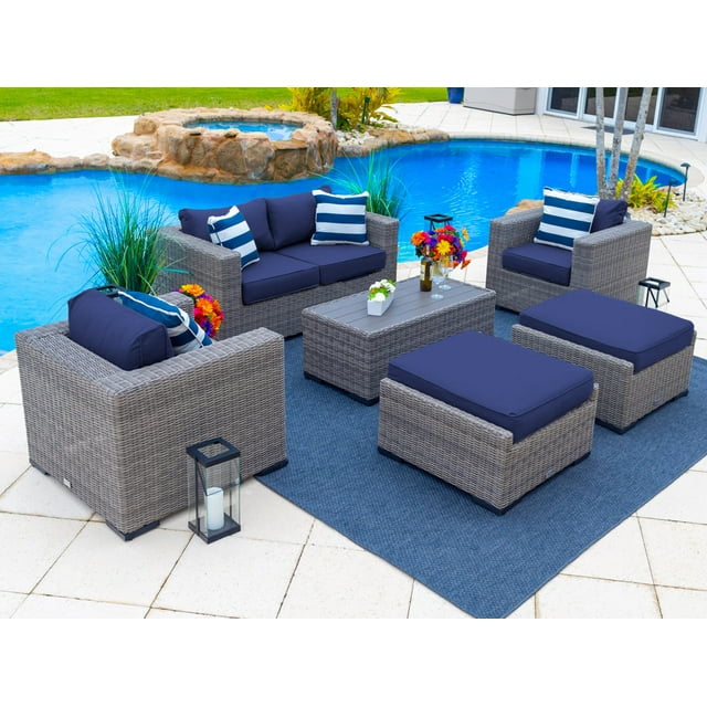 Tuscany 6-Piece M Resin Wicker Outdoor Patio Furniture Lounge Sofa Set with Loveseat, Two Armchairs, Two Ottomans, and Coffee Table (Half-Round Gray Wicker, Sunbrella Canvas Navy)