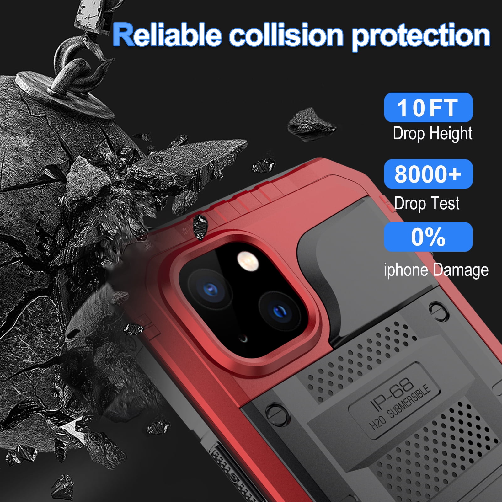 for iPhone 13 Case, Military Grade IP68 Waterproof Dustproof Shockproof Full Body Sealed Underwater Case with Built-in Screen Protector Heavy Duty Metal Rugged Defender Phone Case,Red