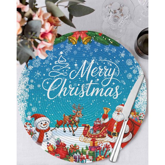 13 Inch Round Placemats Set of 6, Blue Christmas Non Slip Heat Insulation PP Table Mats, Winter Snowman Xmas Santa Snowflake Washable Place Mats for Kitchen Dining Party Table Decor