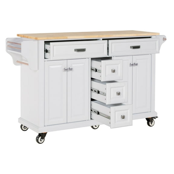 Newboti Furniture Kitchen Island with Rubber wood Countertop, Kitchen Cart on 5 Wheels with Storage Cabinet and 5 Drawers for Dinning Room, White 26281