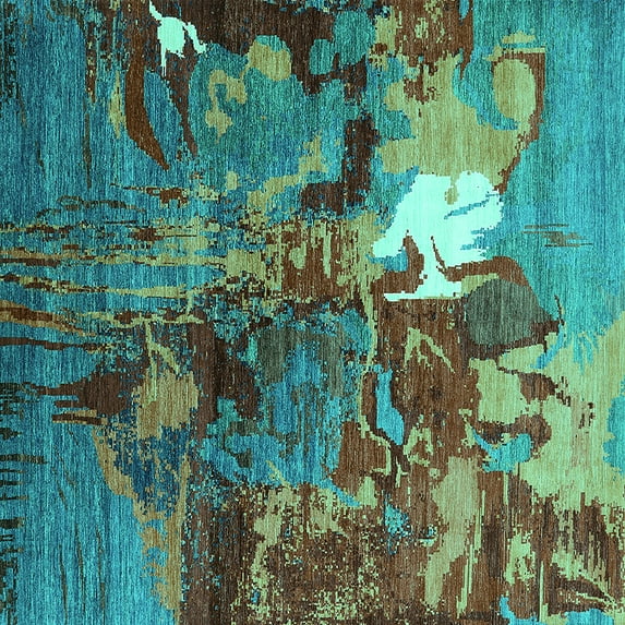 Ahgly Company Machine Washable Indoor Square Oriental Turquoise Blue Industrial Area Rugs, 6' Square