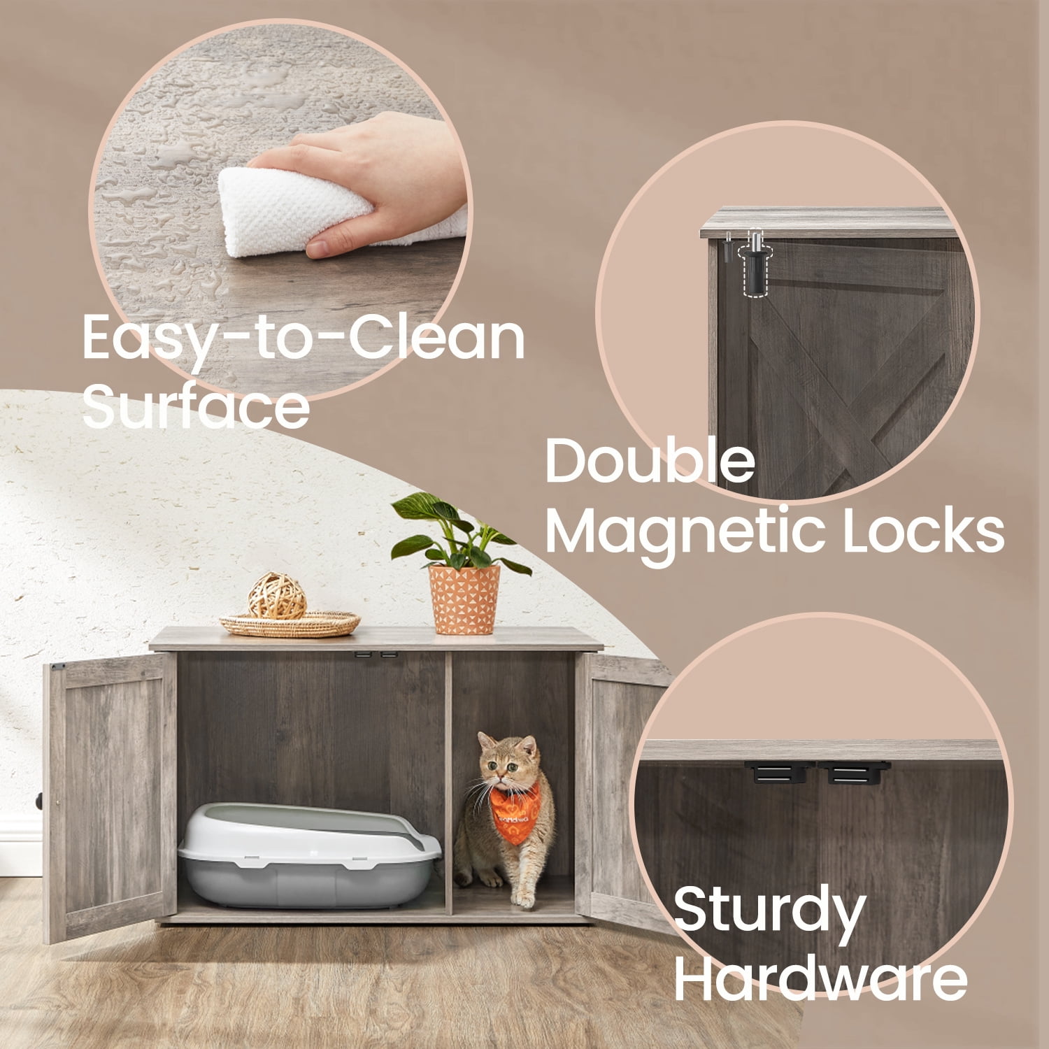 LEDREM Cat Litter Box Furniture Enclosure,Multi-Functional Hidden Washroom with Removable Divider for Indoor,L,Greige