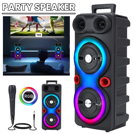 VTIN Bluetooth 5.2 Portable Party Speaker - 2x6.5" Heavy Bass, RGB Disco Lights, TWS Stereo, Karaoke Machine with Mic, FM Radio/USB/TF for Outdoor Beach Camping & Home Gatherings