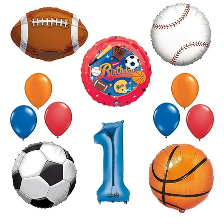 The Ultimate Sports Theme 1st Birthday Party Supplies and Balloon Decorating Kit(6) 11 Qualatex Latex Balloons 2- Blue, 2- Orange and 2- Red By Mayflower