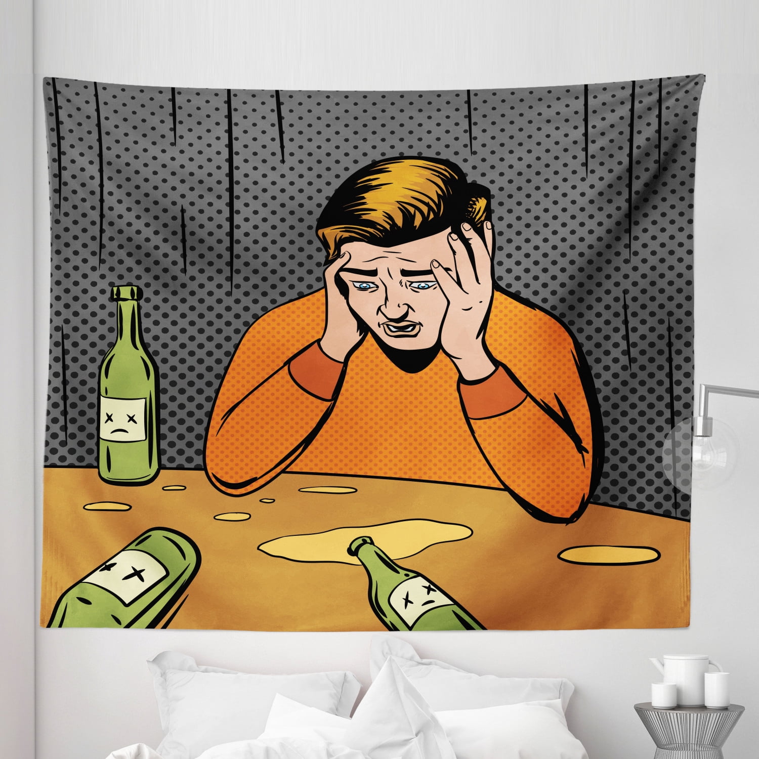 Comic Tapestry, Alcohol Themed Illustration with Drunk Man and Empty Bottles in Cartoon Design