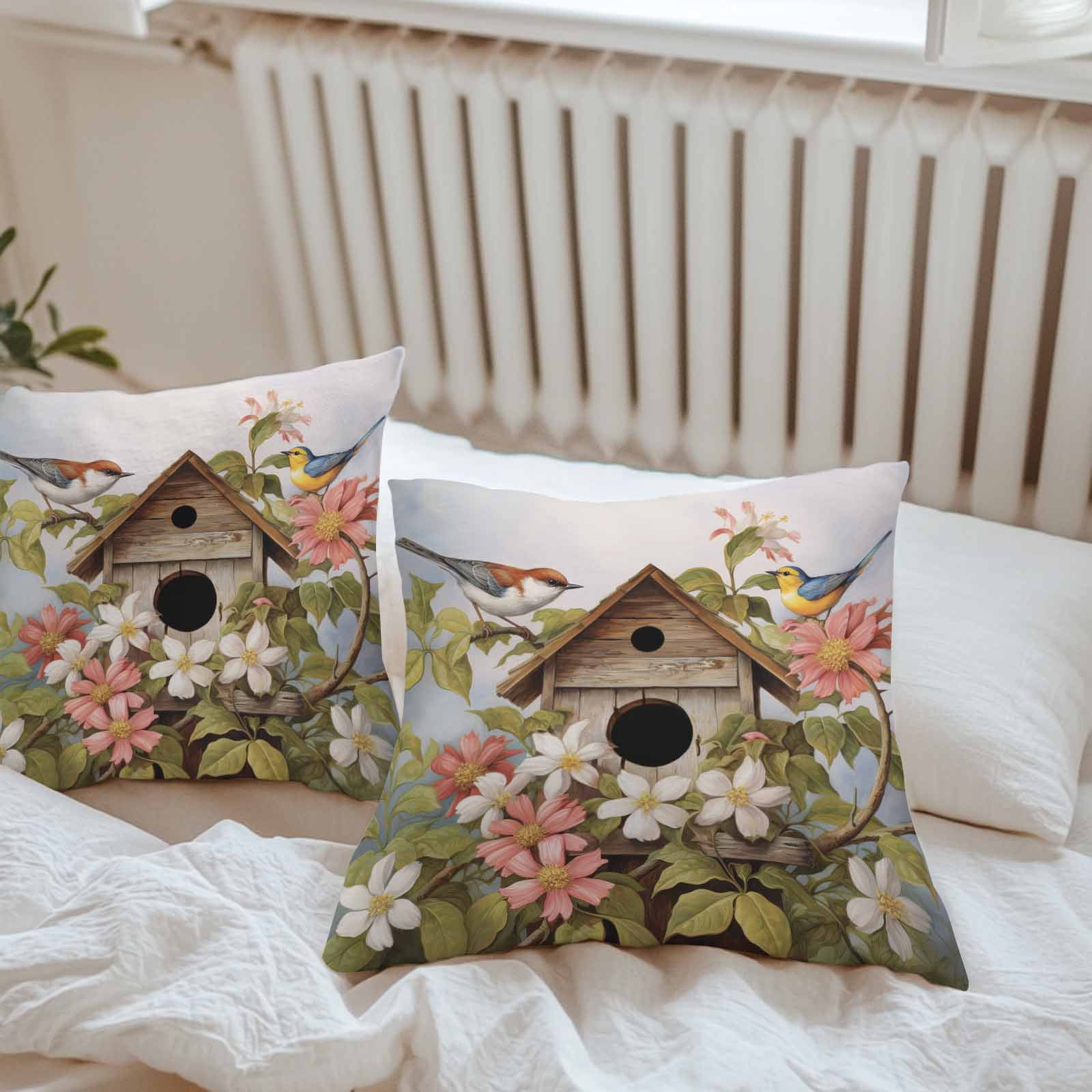 Boanket Outdoor Pillow Covers 24 x 24 Inches, Birdhouse, Waterproof Throw Pillow Cover Set of 2, Farmhouse Leaves Country Vintage Animal Decorative Square Cushion Covers for Patio/Tent/Couch/Garden