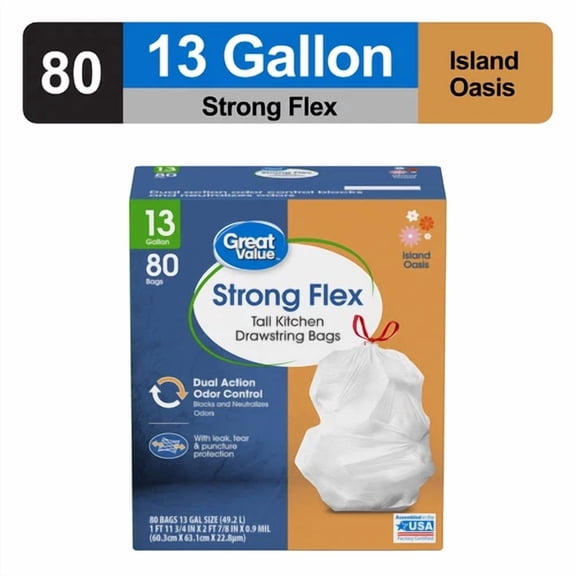 Strong Flex Tall Kitchen Drawstring Bags, Island Oasis, 13 Gallon, 80 Count