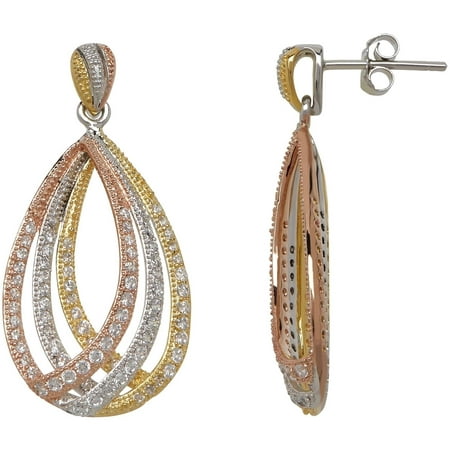 Tri-Color CZ Sterling Silver and 18kt Yellow and Pink Gold-Tone 3-Teardrop Layers Earrings