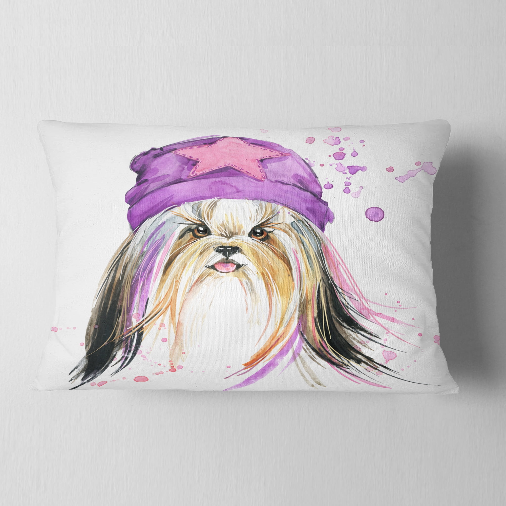 Designart Stylish Puppy with Purple Hat - Animal Throw Pillow - 12x20