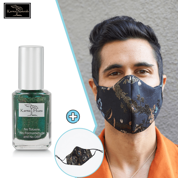 Karma Naturals Nail Polish - Non-Toxic with Matching Fashion Face Mask Breathable Washable Reusable Face Cover for Men & Women (Midnight Magic Mask)