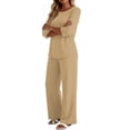 thumbnail image 4 of Stralyhd Womens Lounge Sets Matching Set Trendy 3/4 Length Sleeve Crewneck Top Baggy Wide Leg Pants 2 Piece Fall Fashion Clothing Khaki L, 4 of 6