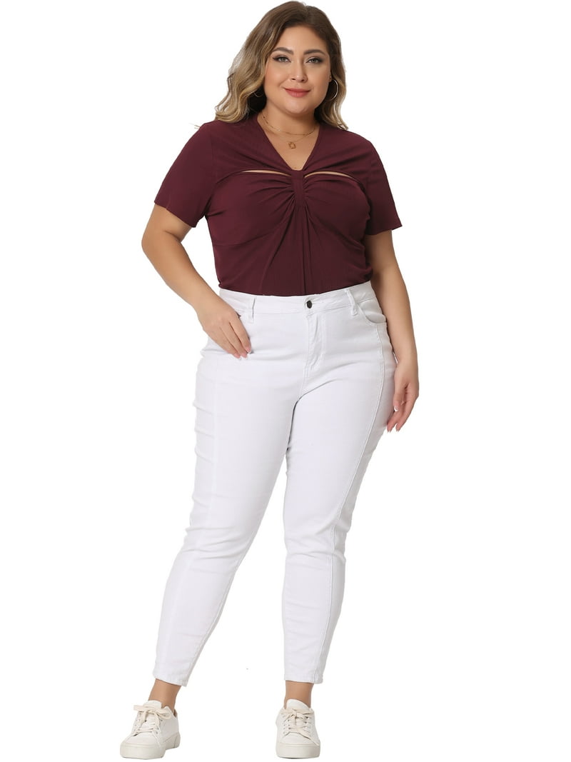 Unique Bargains Plus Size Burgundy Ribbed Knit Cut-Out Twist Tee
