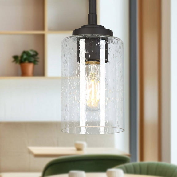 LNC Modern 1-Light Oil Rubbed Bronze Cylinder Mini Pendant Light with Seed Glass Shade for Kitchen, Dining Room